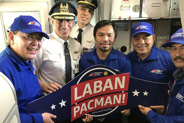 #PACMAN FLIES PAL. Philippine Airlines, official carrier of Team Pacquiao,flew Manny Pacquiao’s entourage on board a chartered PAL Airbus A321 jet fromGeneral Santos direct to Kuala Lumpur afternoon of July 9 for Pacquiao’s ringmatch with Lucas Matthysse this weekend. Sending him off included PAL’s VictorSuarez, area head for Mindanao; and Harry Inoferio, senior asst. VP for Visayas &Mindanao. In command of the flight was Capt. Patrick Michael Roa.